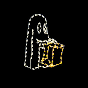 A lighted Christmas light silhouette of a ghost with an orange trick-or-treat bag.