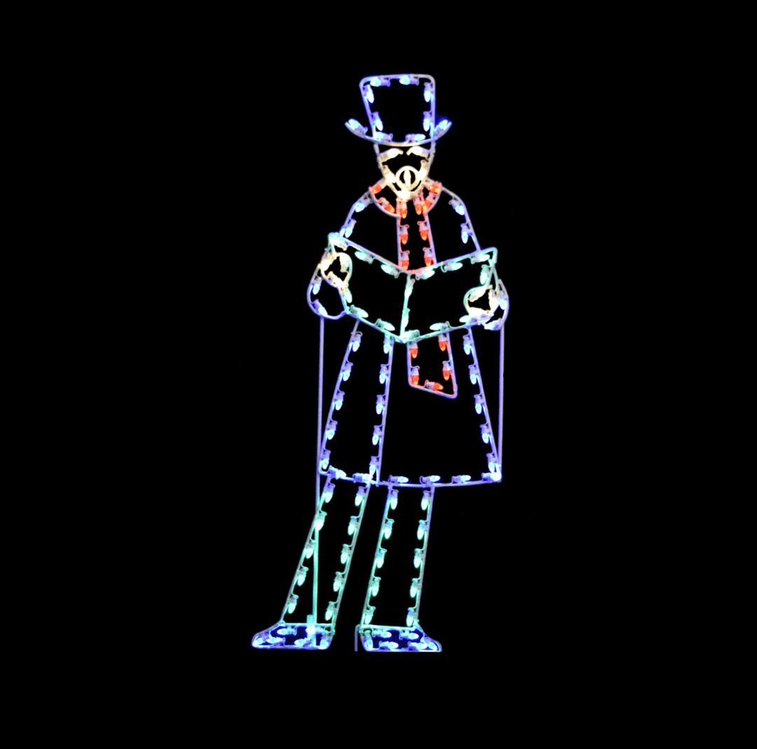 An image of a male caroler with a blue jacket, blue hat, and red scarf, holding a green book, singing Christmas carols.