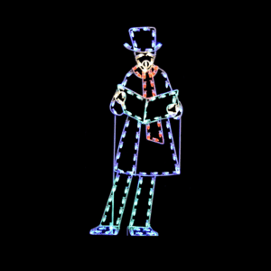 An image of a male caroler with a blue jacket, blue hat, and red scarf, holding a green book, singing Christmas carols.