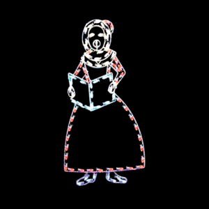 A lighted Christmas silhouette of a woman in a red dress, and holding a book, caroling.