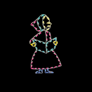 A lighted Christmas silhouette of a little girl in a pink dress, caroling while holding a green book.