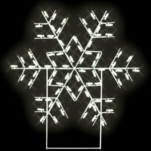 An image of a multi-pointed snowflake made of white wire, and warm white C7 LED Christmas lights.