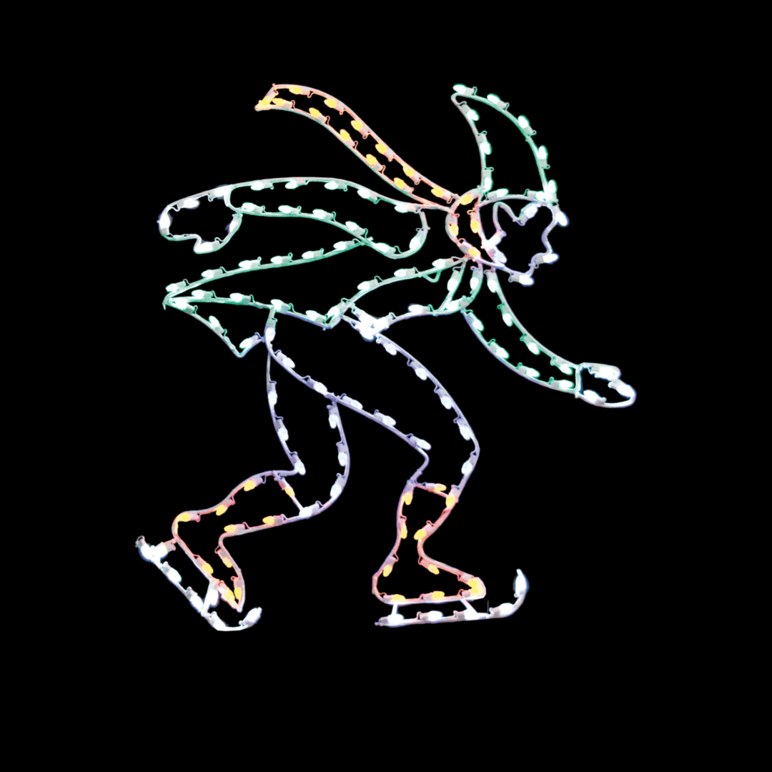 A lighted Christmas silhouette of a man in a green jacket and red scarf, speed skating forward.