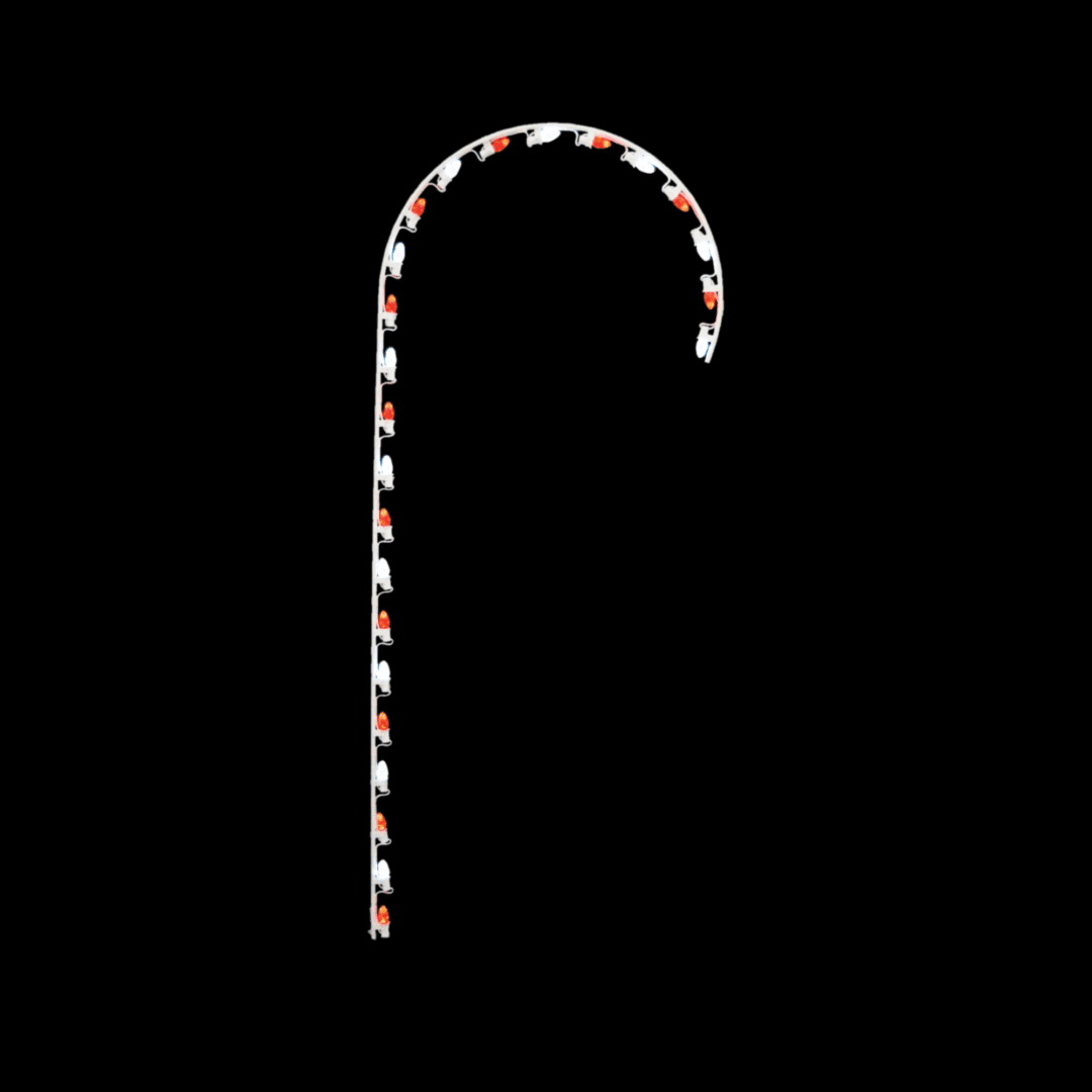 A lighted Christmas silhouette of a red and white candy cane made of a white metal frame and C7 LED Christmas lights.