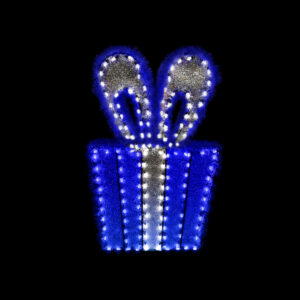 An image of a blue Christmas package made of blue mesh, blue garland, and blue C7 LED lights.