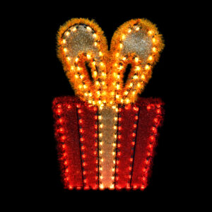An image of a red Christmas package with a yellow ribbon and bow, made of red and yellow mesh, red and yellow garland, and red and yellow C7 LED lights.