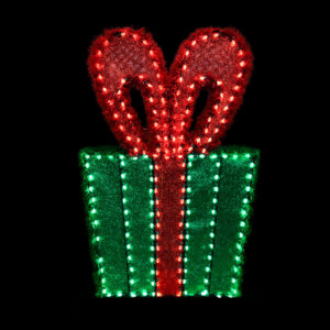 An image of a green Christmas package with a red ribbon and bow, made of red and green mesh, red and green garland, and red and green C7 LED lights.