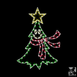A lighted Christmas silhouette of a little tree smiling, with a gold star and a red scarf blowing in the wind.