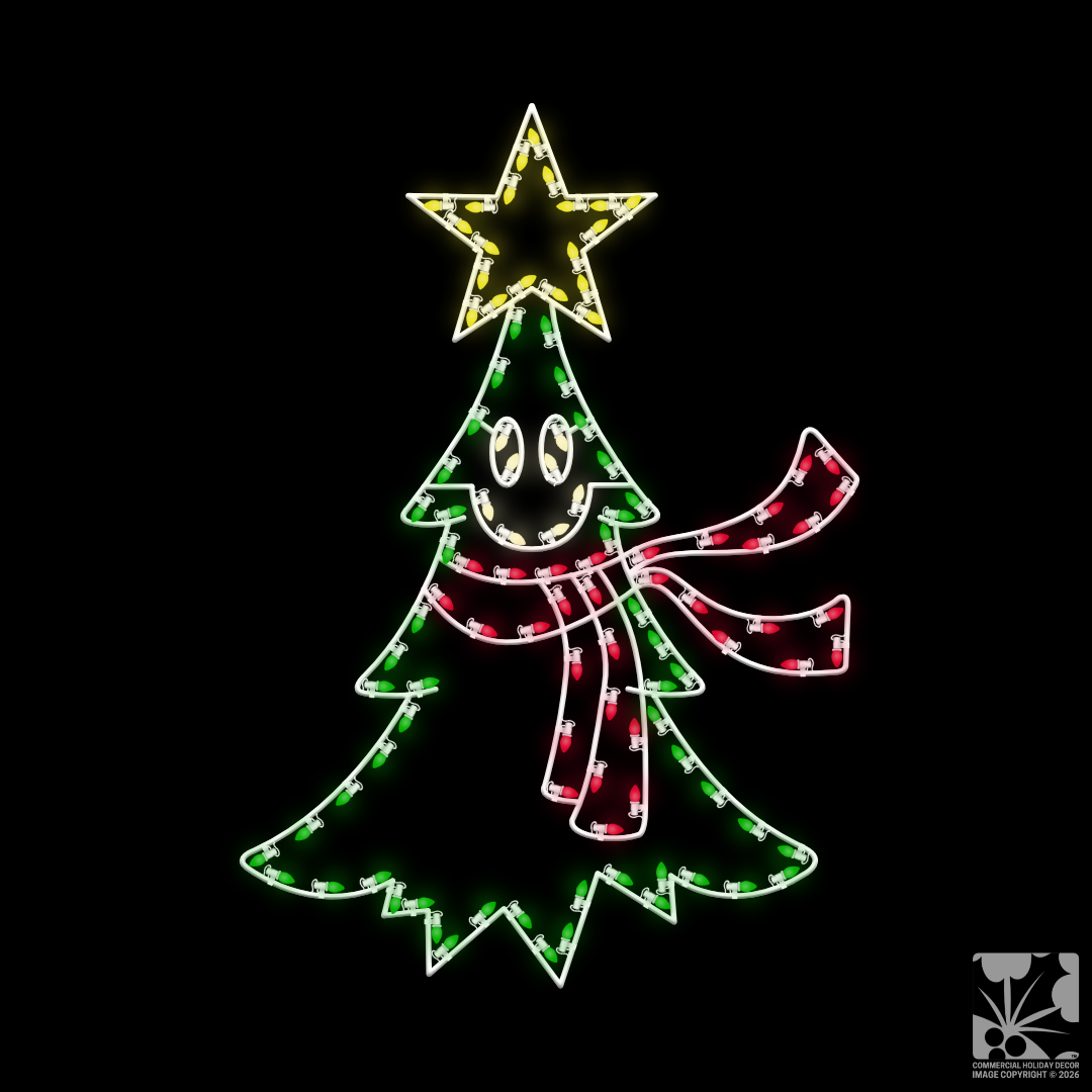 A lighted Christmas silhouette of a little tree smiling, with a gold star and a red scarf blowing in the wind.
