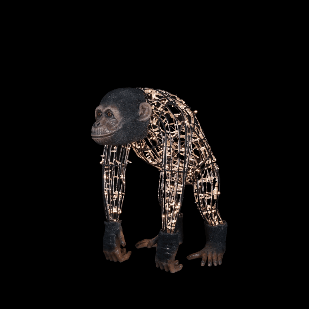 An image of a large 3d illuminated monkey, made of a wire frame, warm white mini LED Christmas lights, and fiberglass accents.
