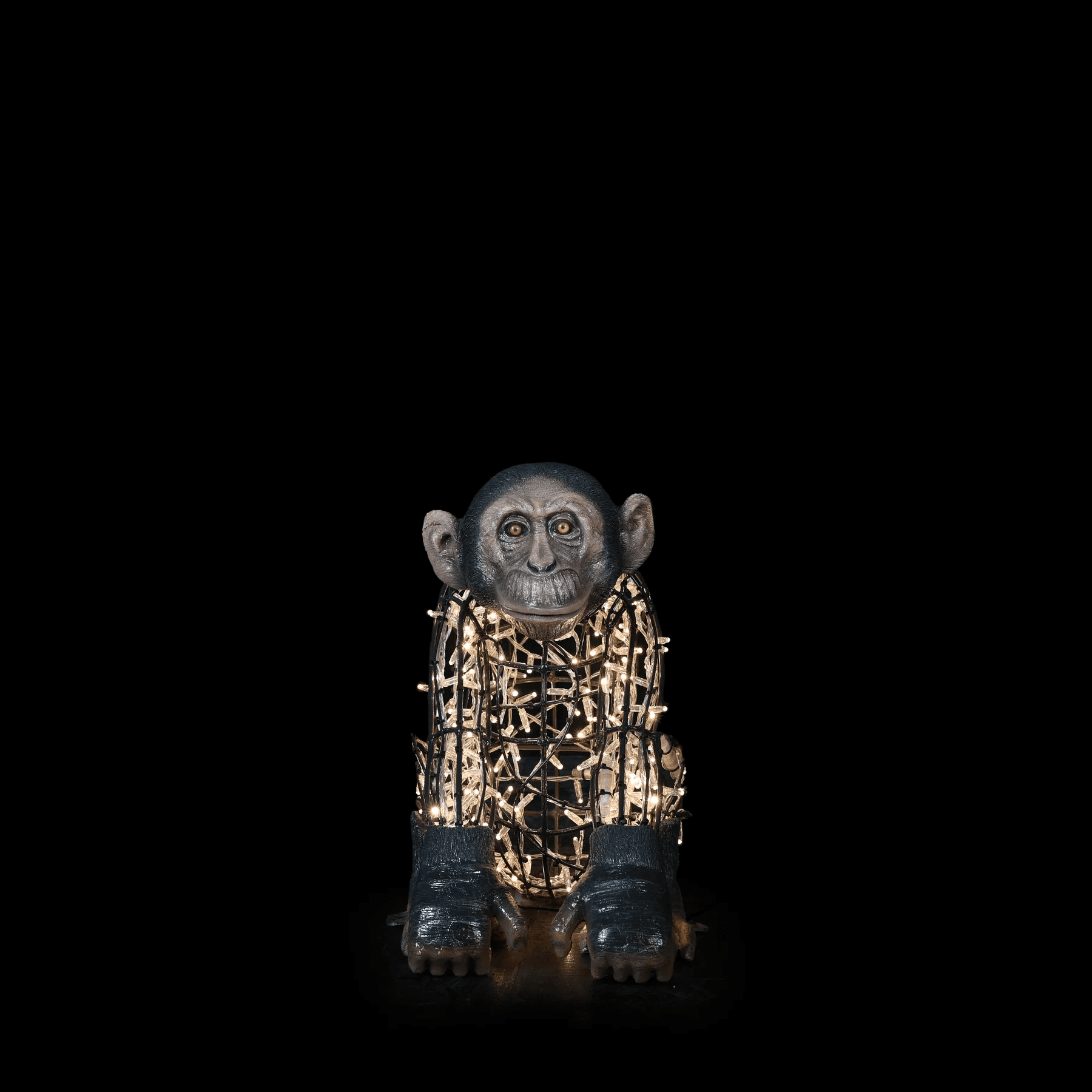 An image of a small 3d illuminated monkey, made of a wire frame, warm white mini LED Christmas lights, and fiberglass accents.