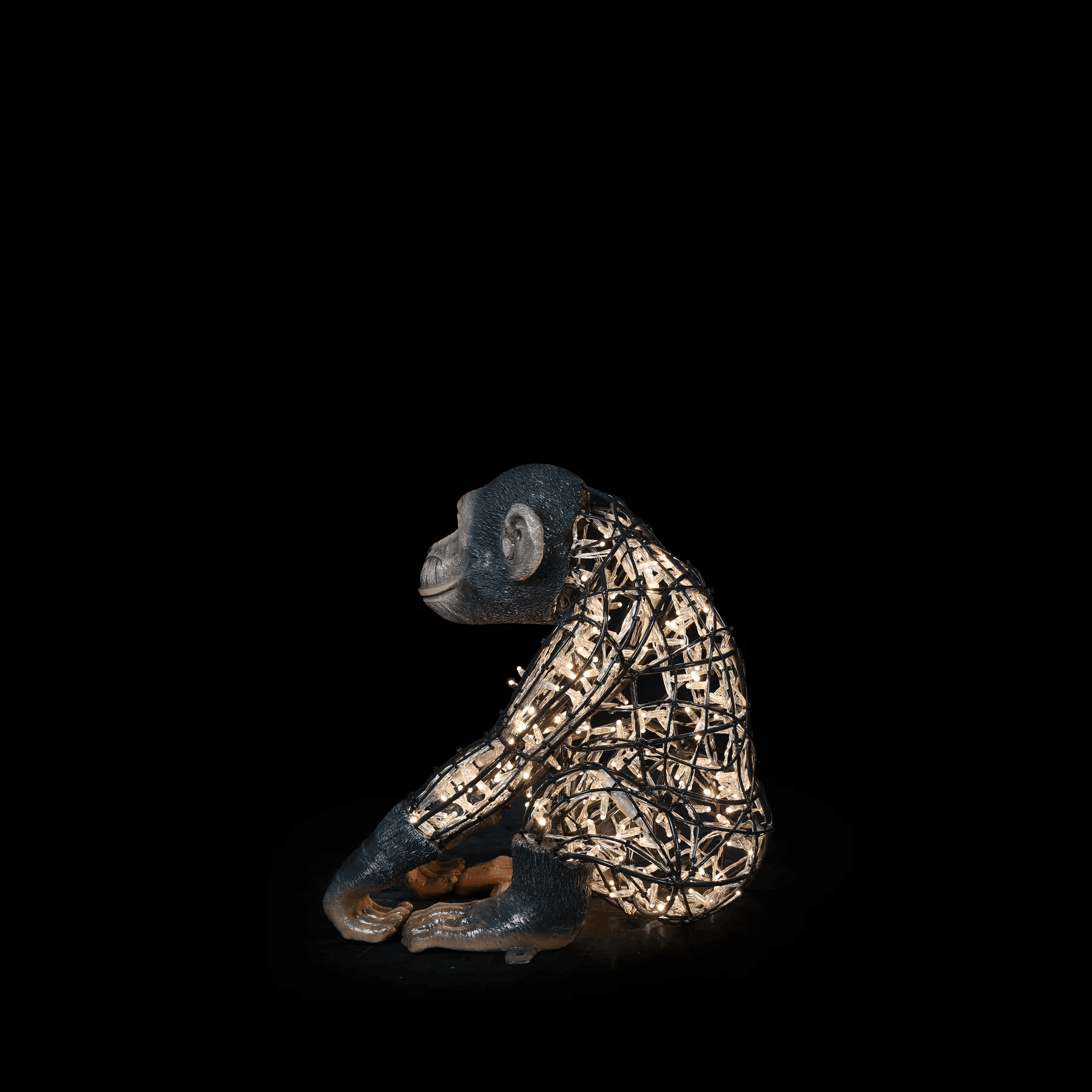 An image of a small 3d illuminated monkey, made of a wire frame, warm white mini LED Christmas lights, and fiberglass accents.