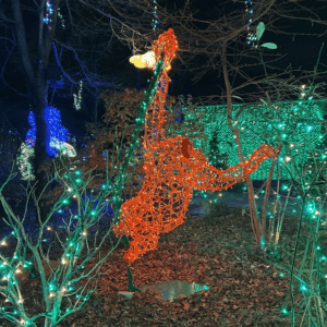An image of a large 3d illuminated orangutan hanging from a green branch, made of an orange metal frame, and orange mini LED Christmas lights.