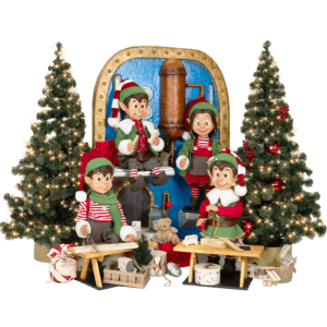 An image of elves - wearing red, white, and green winter clothing- building toys in Santa's toy factory.