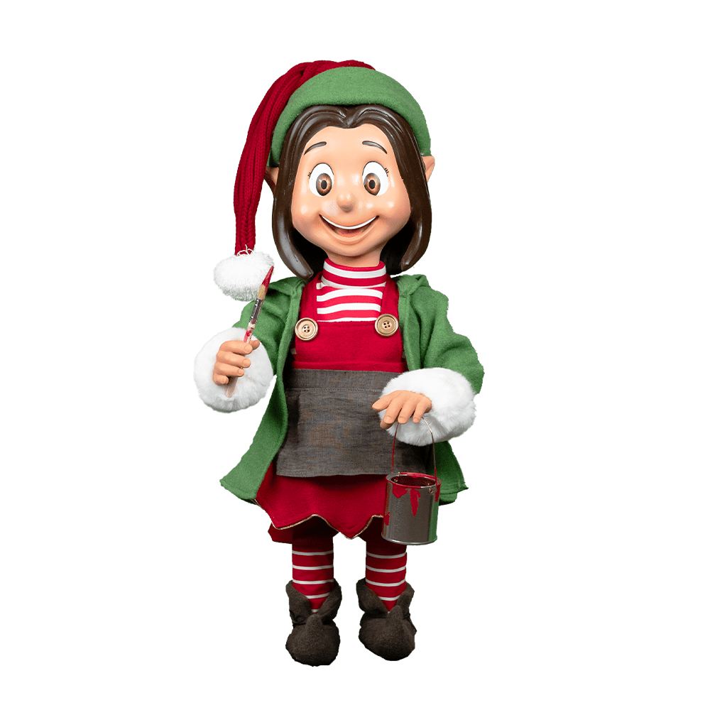 An image of an elf with Christmas colored clothing, holding a paint brush and a paint bucket.