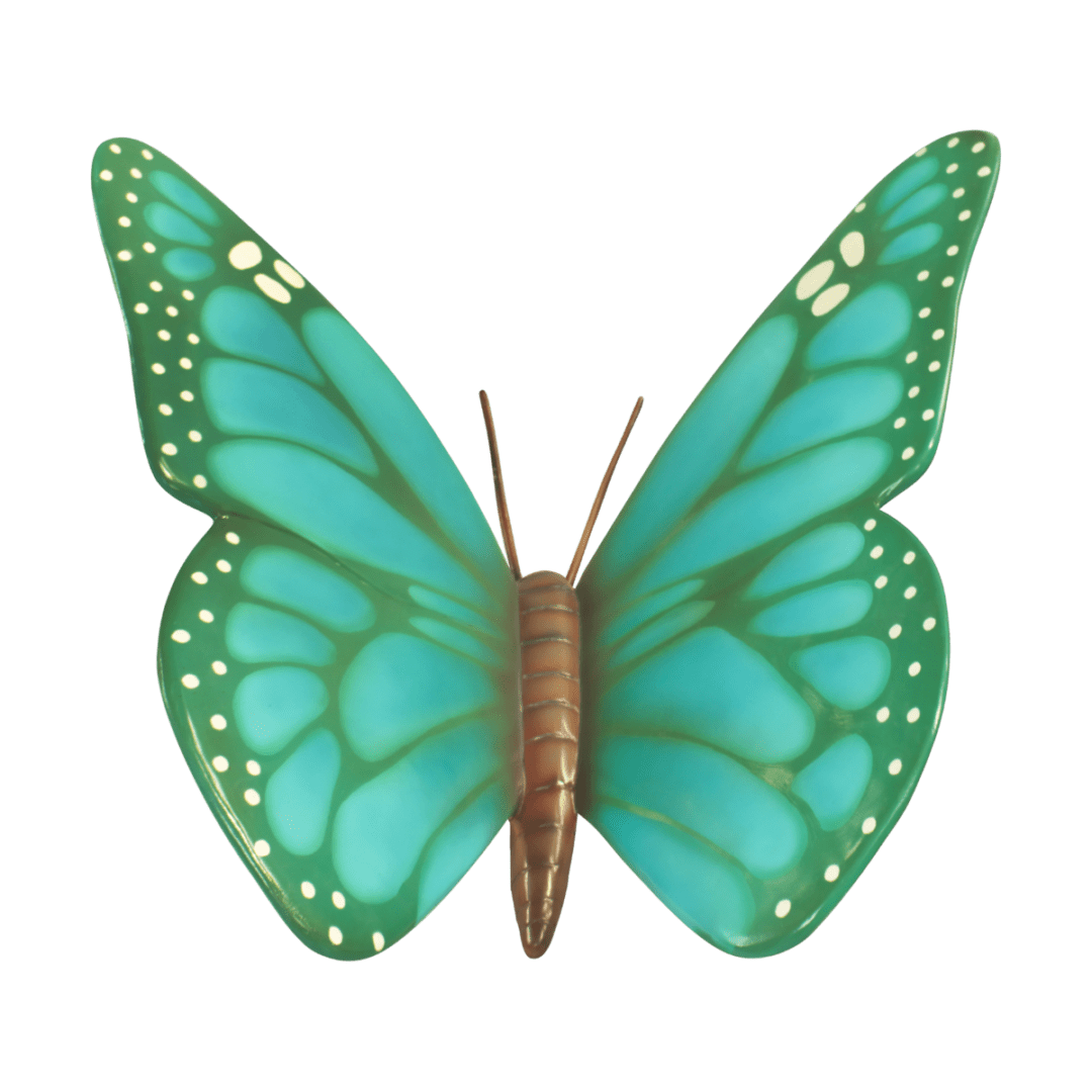 An image of a cyan colored fiberglass butterfly.