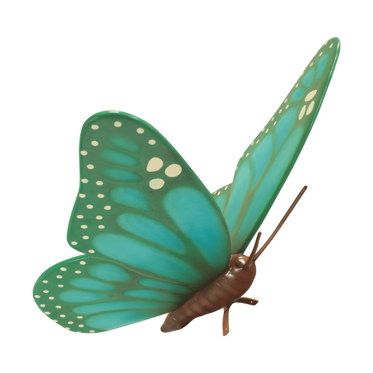 An image of a cyan colored fiberglass butterfly.