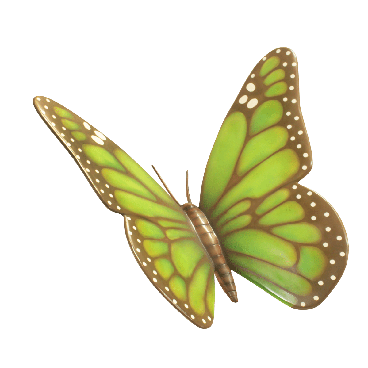 An image of a green colored fiberglass butterfly.