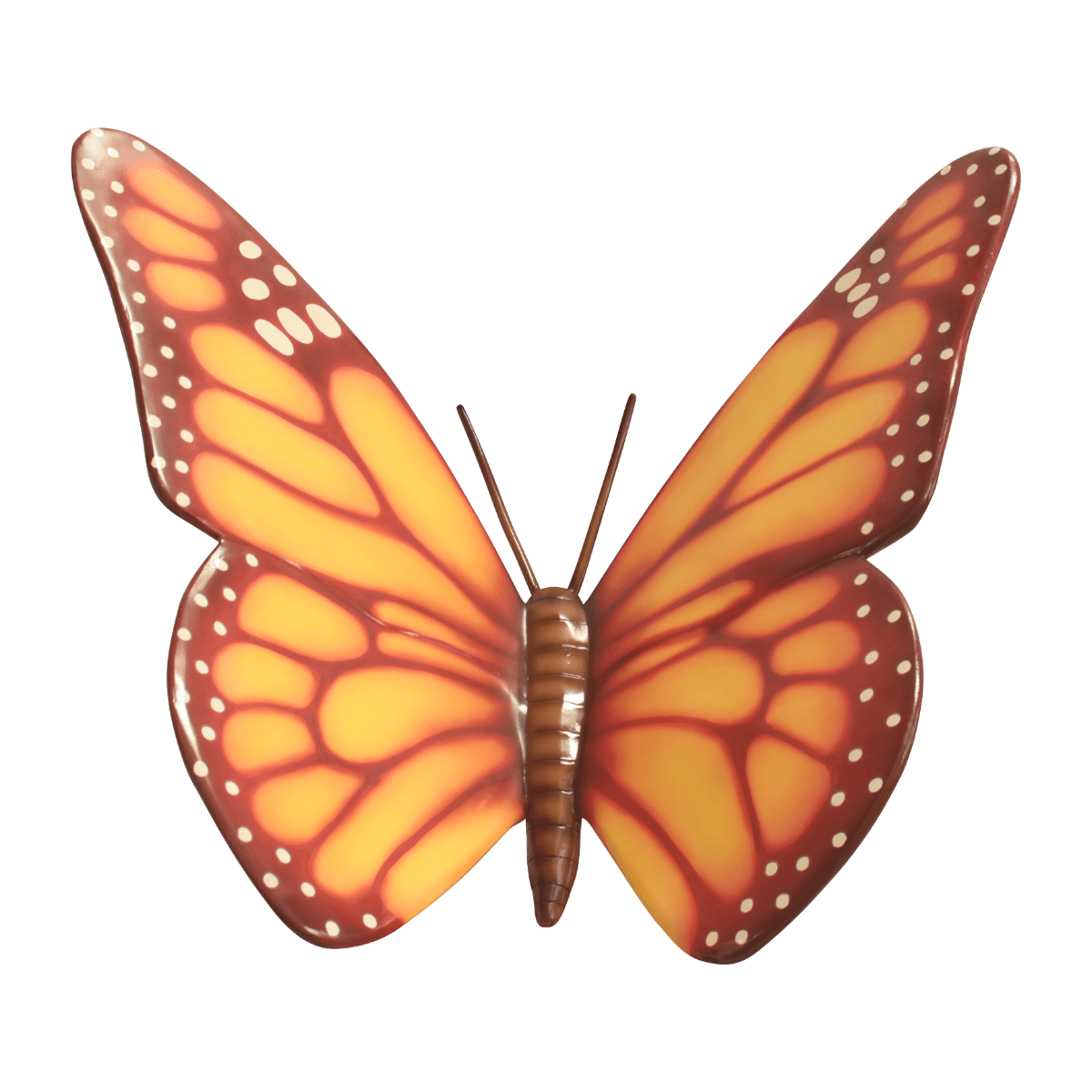 An image of an orange colored fiberglass butterfly.