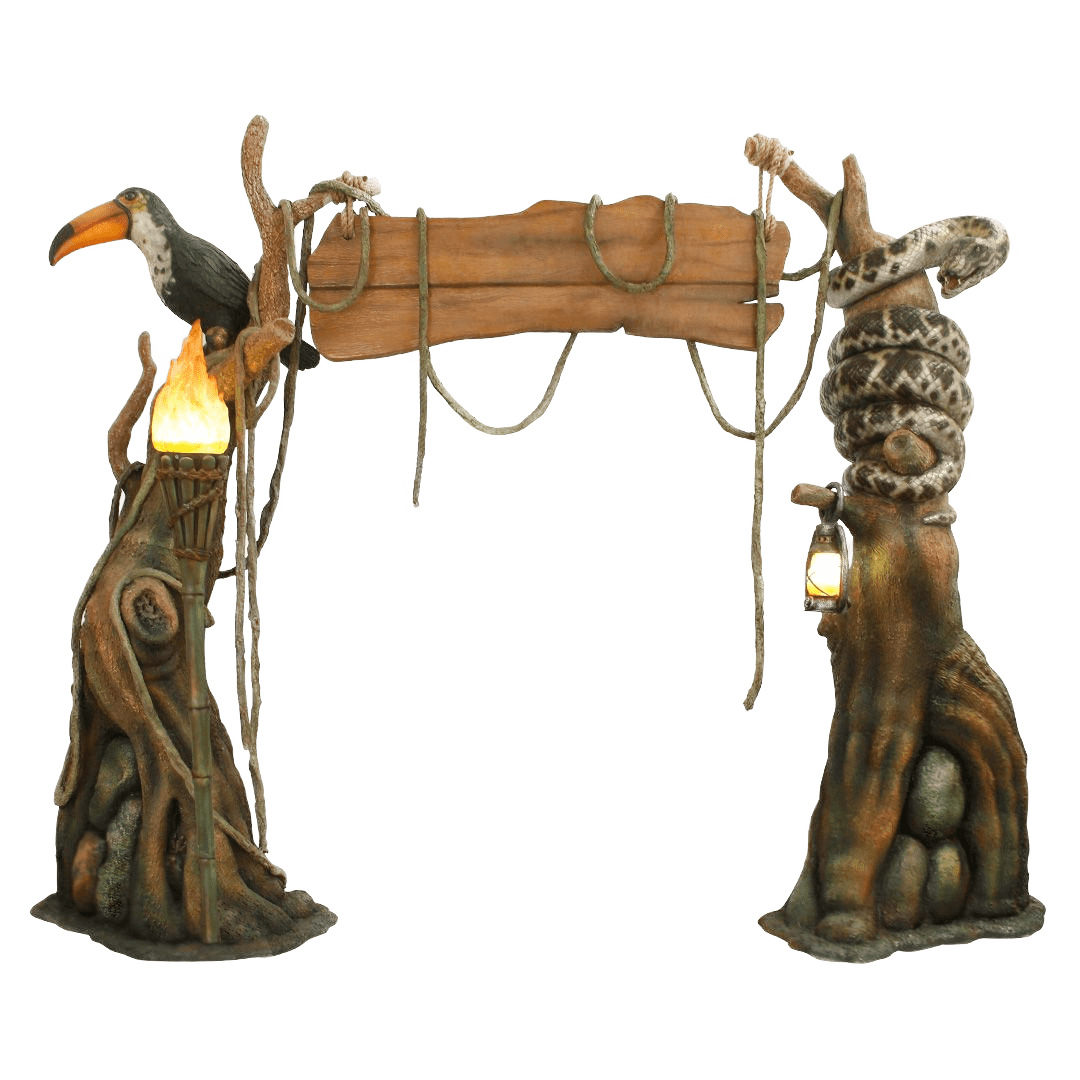 An image of an archway entrance made from two tree trunks, torches, rope, and a wooden plank.