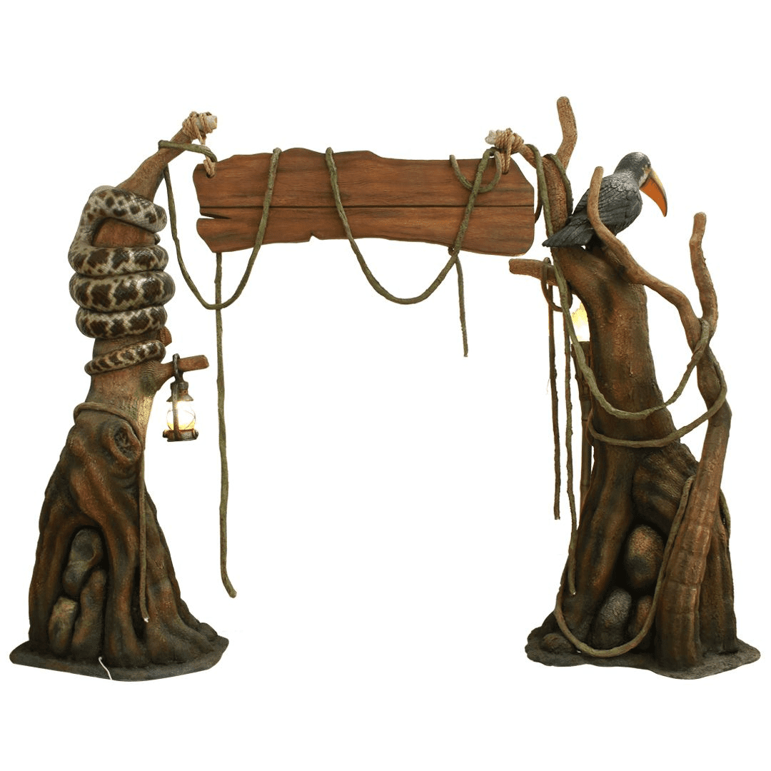 An image of an archway entrance made from two tree trunks, torches, rope, and a wooden plank.