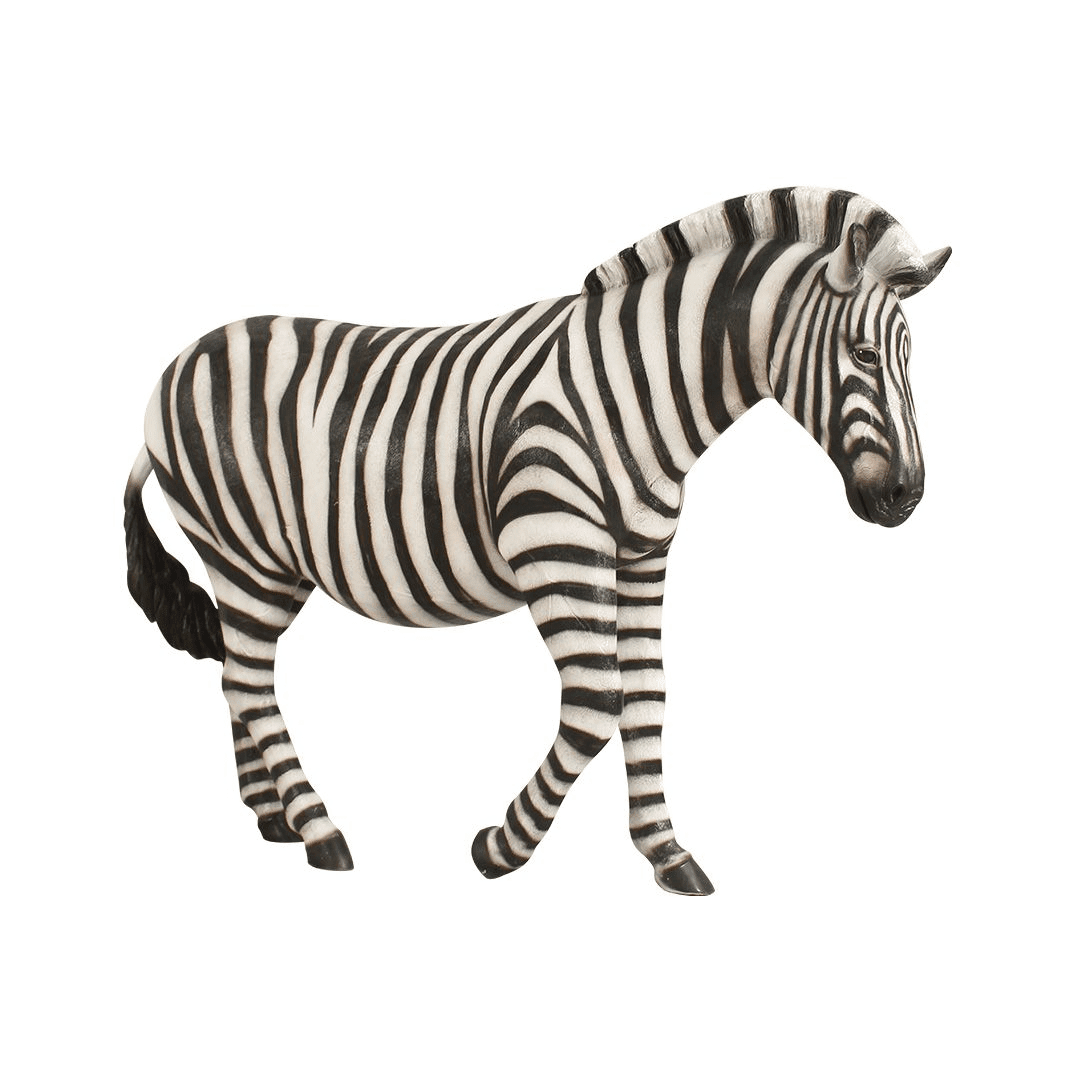 An image of a fiberglass zebra, with one front leg up.