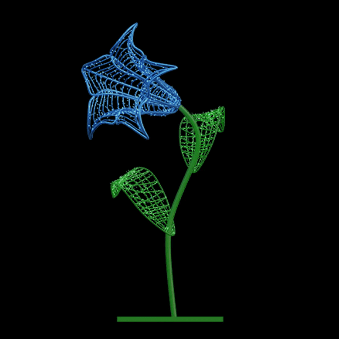 An image of a blue morning glory flower made from a durable metal frame and long lasting mini LED Christmas lights.