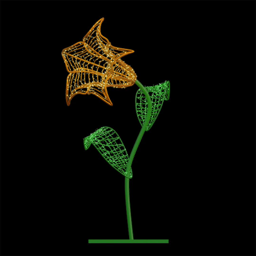 An image of a orange morning glory flower made from a durable metal frame and long lasting mini LED Christmas lights.