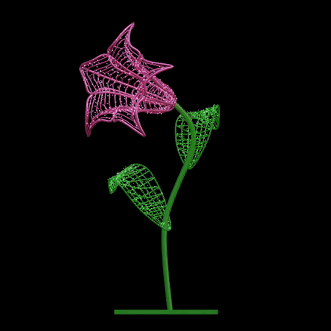 An image of a pink morning glory flower made from a durable metal frame and long lasting mini LED Christmas lights.