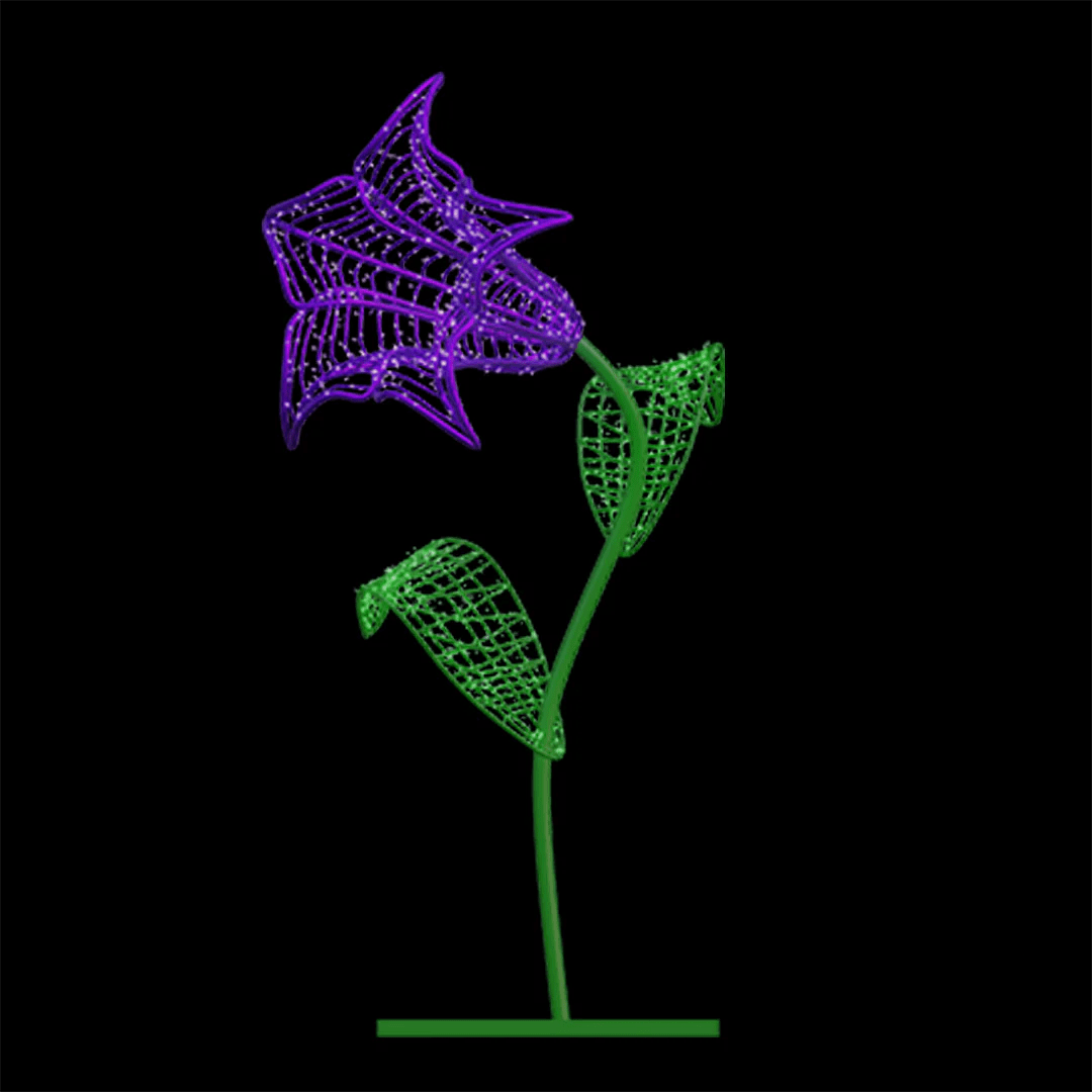 An image of a purple morning glory flower made from a durable metal frame and long lasting mini LED Christmas lights.