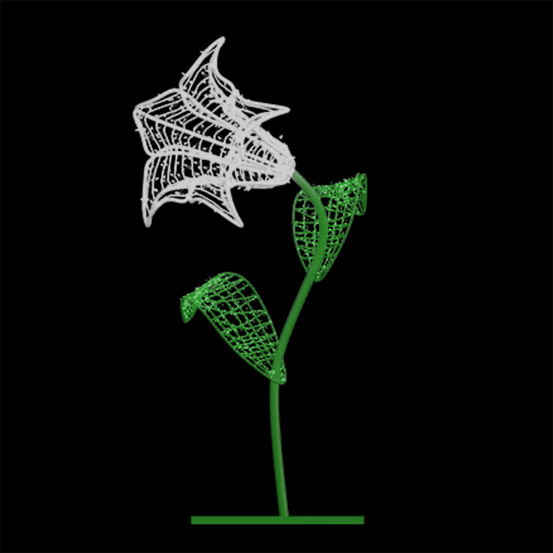 An image of a white morning glory flower made from a durable metal frame and long lasting mini LED Christmas lights.
