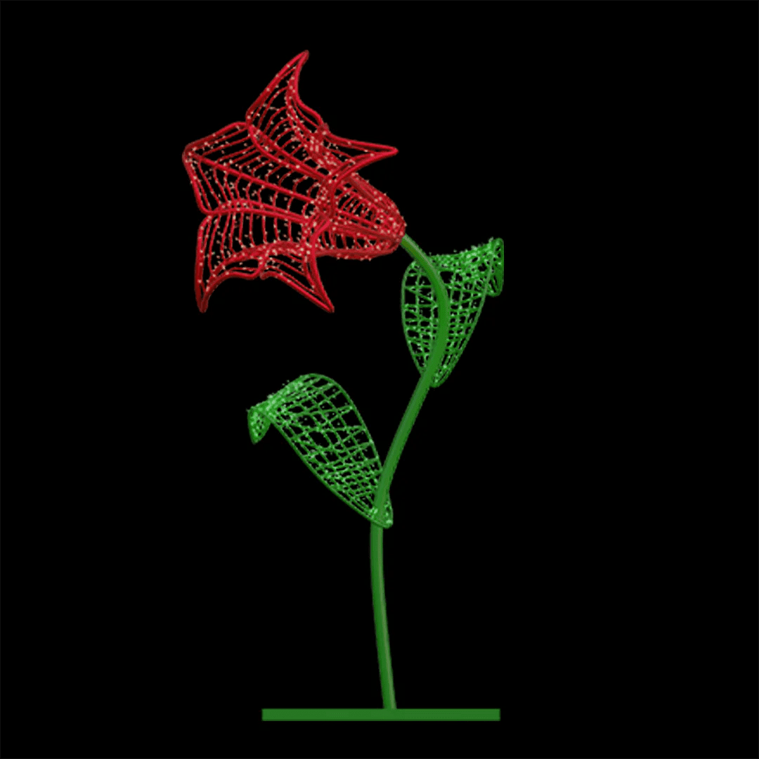 An image of a red morning glory flower made from a durable metal frame and long lasting mini LED Christmas lights.