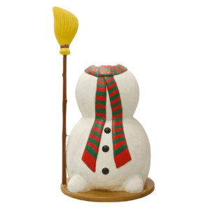 An image of a snowman with a red and green scarf, and broom.