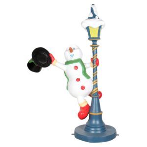 An image of a cartoon style snowman hanging from the side of a lamp post, while holding a black top hat with his arm stretched out.