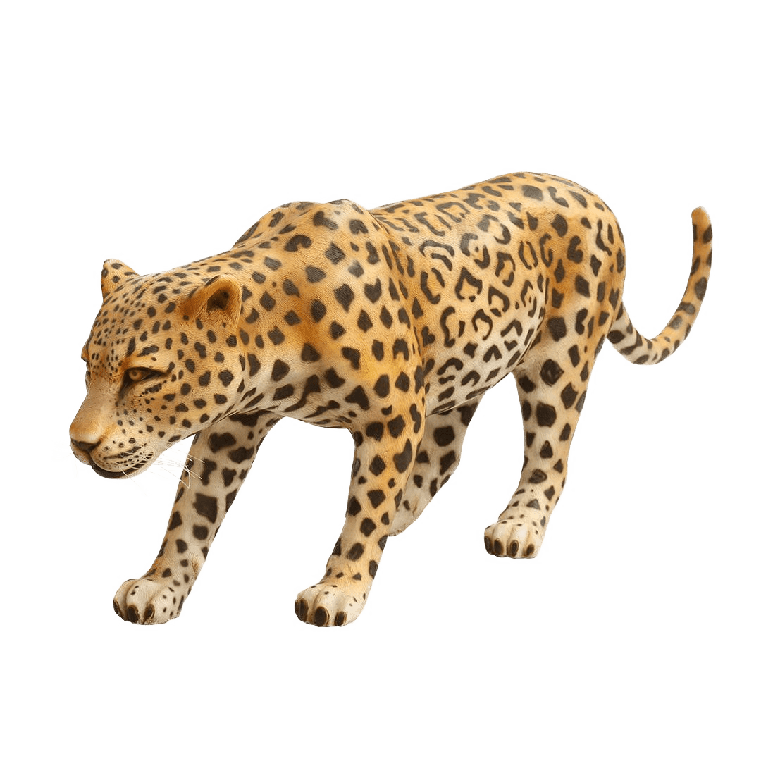A fiberglass figure of a leopard walking forward with it's tail curled upwards.