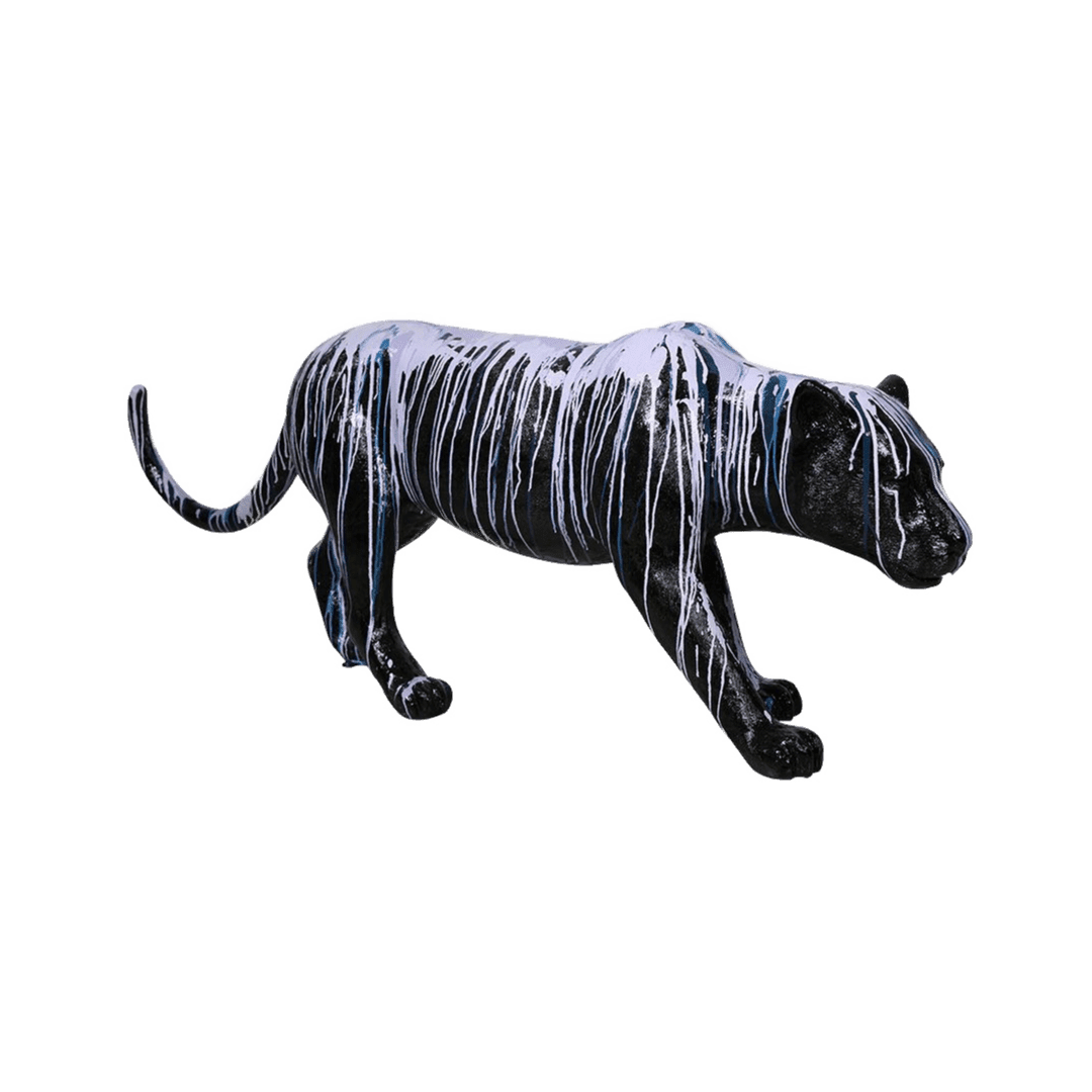 A life-size fiberglass leopard walking. The leopard is painted black, with colored paint dripping from it's back down to it's legs. The paint colors are pastel pink, pastel purple, royal blue, and navy blue.