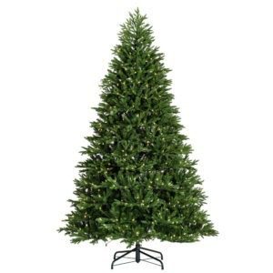 An image of a green artificial Christmas tree pre-lit with warm white mini LED Christmas lights.