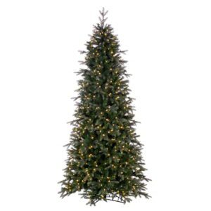 An image of a green Christmas tree pre-lit with warm white mini LED Christmas lights.