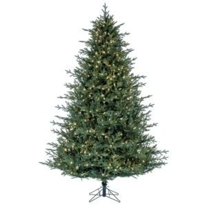 An image of a green artificial Christmas tree pre-lit with warm white mini LED Christmas light.