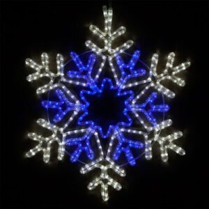 A snowflake silhouette made from blue and cool white LED rope light. The snowflake has a six point star in the middle.