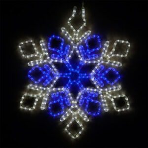 A rope light silhouette of a blue and cool white LED snowflake with diamond shaped points.