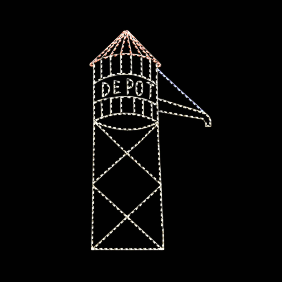 A large Christmas light silhouette of a yellow water tower with the word depot in red lettering.