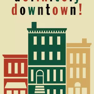 A multi colored cityscape on a beige background. The words definitely downtown above.