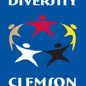 An image of people holding hands in a circle on a blue background. The words a city of diversity above, and the town name Clemson South Carolina below.