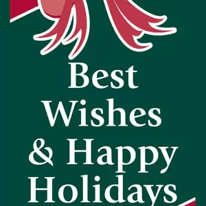 A red cartoon bow and ribbon on a dark green background. The words "Best Wishes and Happy Holidays" in the middle.
