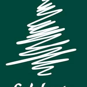 A white scribble cartoon of a Christmas tree on a dark green background with the words celebrate the season below.