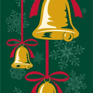 Three gold bells hanging on red ribbons on a green background with light green snowflakes.