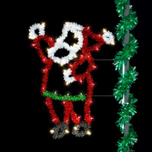 A Christmas light silhouette of a waving Santa Claus. The silhouette is made from red, white, green, and black tinsel garland and C7 LED lights.