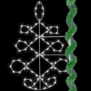 A Christmas light silhouette of a Christmas tree made from one continuous loop.