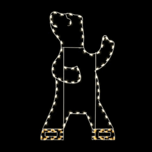 A white wire Christmas light silhouette of a polar bear skating.